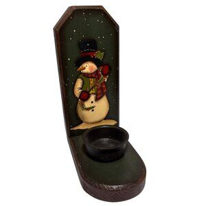Crazy Mountain Snowman Candle Holder Shelf Wood Folk Art Christmas Country